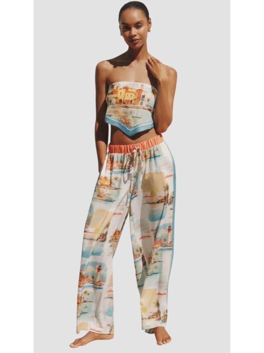 Anthropologie Celandine Scarf Wide Leg Pants Novelty Postcard Resortwear Flowy